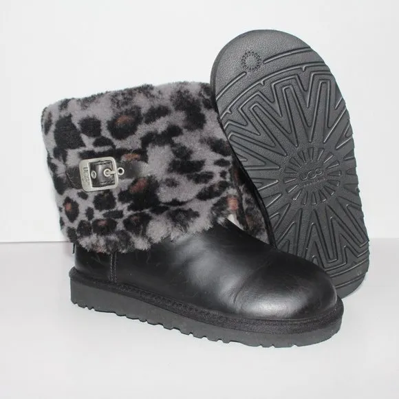 UGG Ellee Brown Leather Animal Print Shearling Winter Snow Boot Youth 3 1003723K