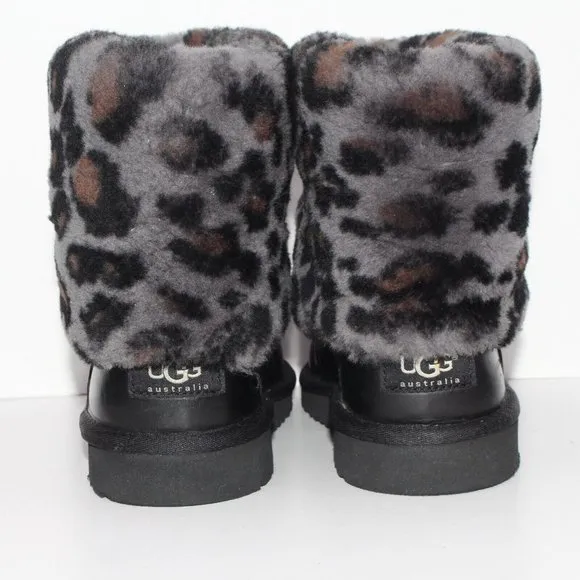 UGG Ellee Brown Leather Animal Print Shearling Winter Snow Boot Youth 3 1003723K