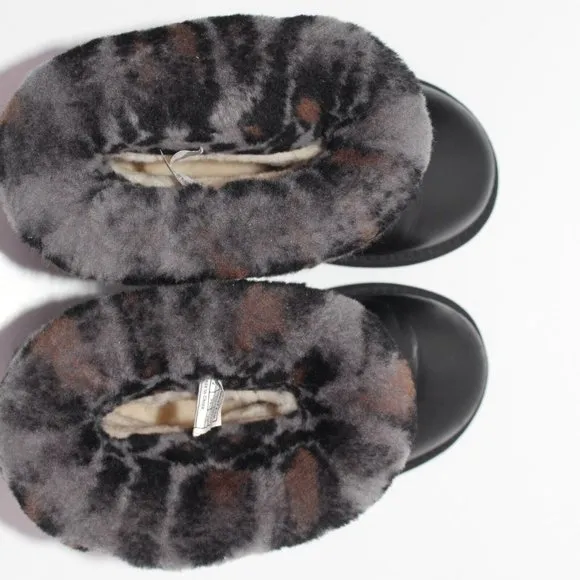 UGG Ellee Brown Leather Animal Print Shearling Winter Snow Boot Youth 3 1003723K
