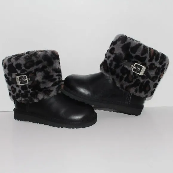 UGG Ellee Brown Leather Animal Print Shearling Winter Snow Boot Youth 3 1003723K