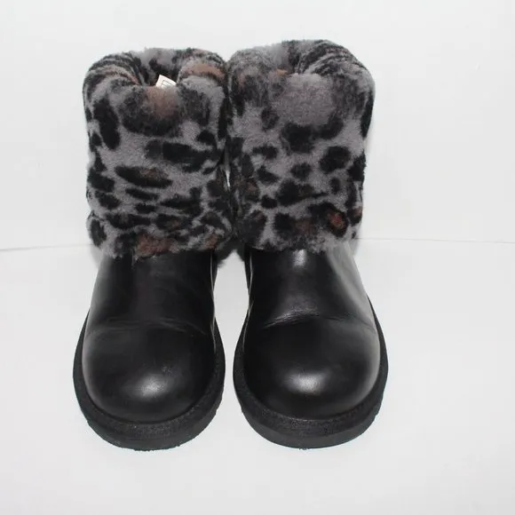 UGG Ellee Brown Leather Animal Print Shearling Winter Snow Boot Youth 3 1003723K