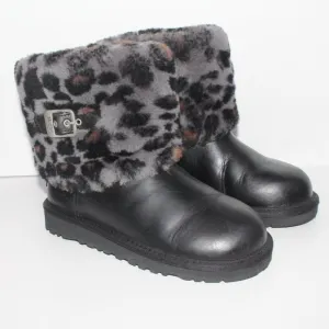 UGG Ellee Brown Leather Animal Print Shearling Winter Snow Boot Youth 3 1003723K
