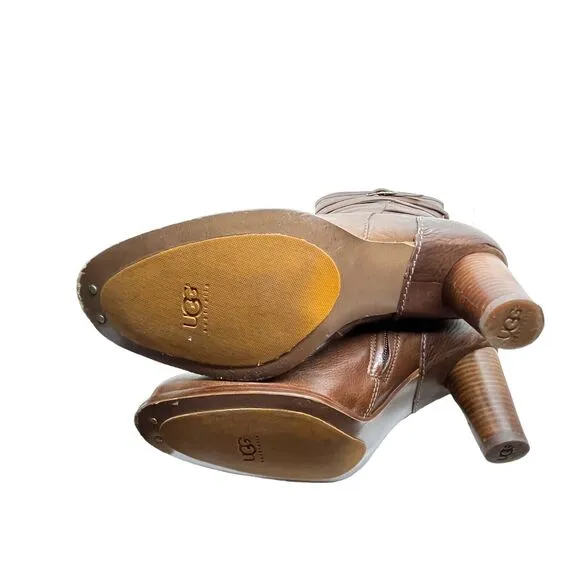 Ugg Heeled Boots Jardin Women Size US 10 Brown Chestnut Soft Pebbled Leather