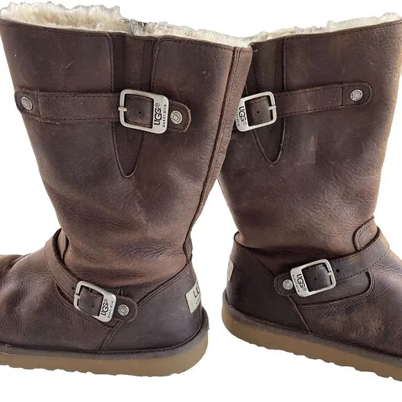 Ugg Kensington Brown Leather Moto Winter Boots Women’s Size 5 *Read