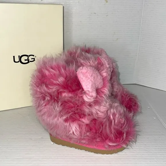 UGG Kids Pinkipuff Classic II Pink Azalea Fur Boots with Ears - Girls Size:7