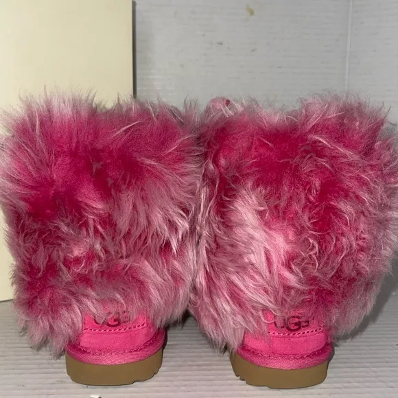 UGG Kids Pinkipuff Classic II Pink Azalea Fur Boots with Ears - Girls Size:7