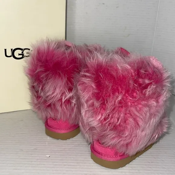 UGG Kids Pinkipuff Classic II Pink Azalea Fur Boots with Ears - Girls Size:7