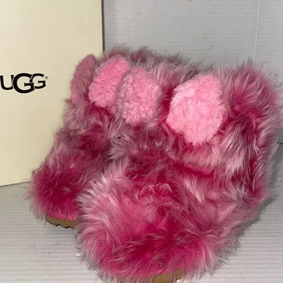 UGG Kids Pinkipuff Classic II Pink Azalea Fur Boots with Ears - Girls Size:7
