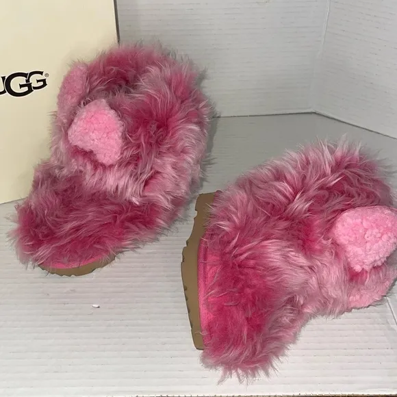 UGG Kids Pinkipuff Classic II Pink Azalea Fur Boots with Ears - Girls Size:7