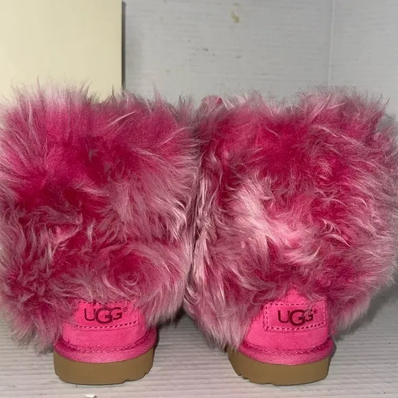 UGG Kids Pinkipuff Classic II Pink Azalea Fur Boots with Ears - Girls Size:7