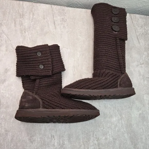 UGG Knee High Sock Boots Brown Knit Sheepskin Tall Winter Fold Over Button Booti