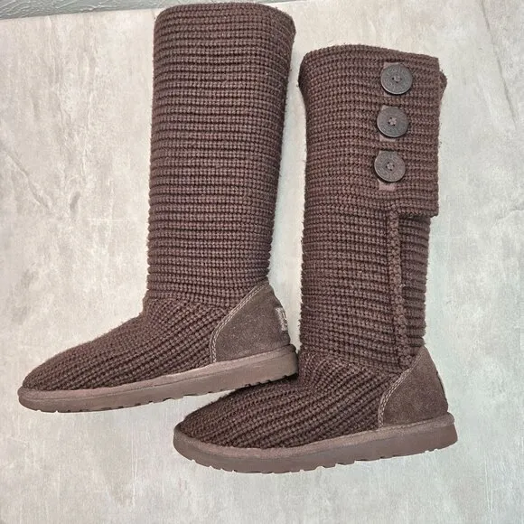 UGG Knee High Sock Boots Brown Knit Sheepskin Tall Winter Fold Over Button Booti