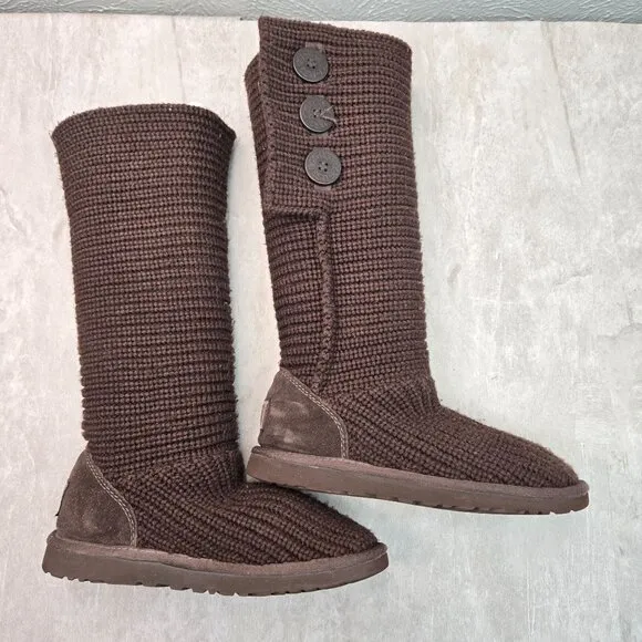 UGG Knee High Sock Boots Brown Knit Sheepskin Tall Winter Fold Over Button Booti