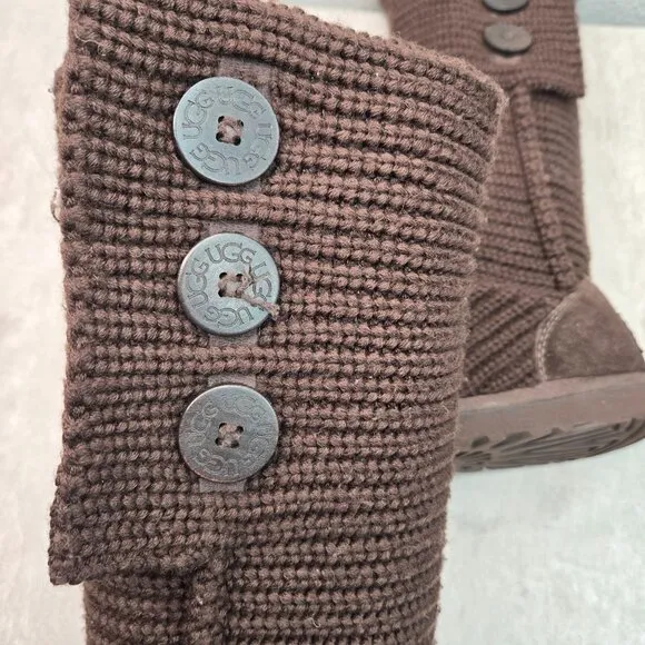 UGG Knee High Sock Boots Brown Knit Sheepskin Tall Winter Fold Over Button Booti