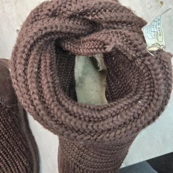UGG Knee High Sock Boots Brown Knit Sheepskin Tall Winter Fold Over Button Booti