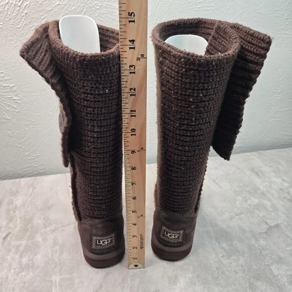 UGG Knee High Sock Boots Brown Knit Sheepskin Tall Winter Fold Over Button Booti