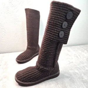 UGG Knee High Sock Boots Brown Knit Sheepskin Tall Winter Fold Over Button Booti