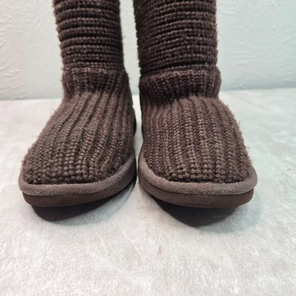 UGG Knee High Sock Boots Brown Knit Sheepskin Tall Winter Fold Over Button Booti