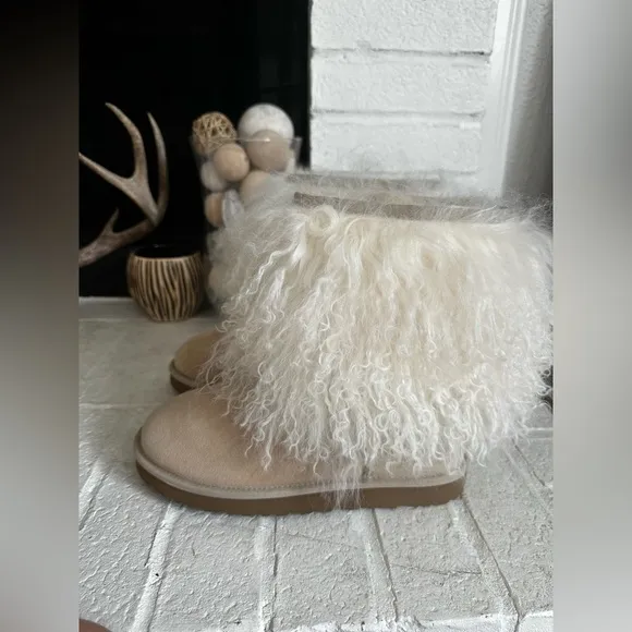 UGG LIDA MONGOLIAN FUR CUFF REAL SUEDE CLASSIC POPULAR BLOGGERS WOMEN BOOTS Sz 8