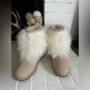 UGG LIDA MONGOLIAN FUR CUFF REAL SUEDE CLASSIC POPULAR BLOGGERS WOMEN BOOTS Sz 8