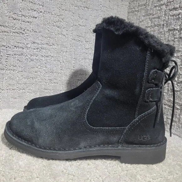 UGG Naiyah Women's Size 7 US Black Suede Bow Ankle Winter Bootie Boots 1138236