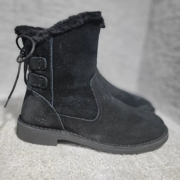 UGG Naiyah Women's Size 7 US Black Suede Bow Ankle Winter Bootie Boots 1138236