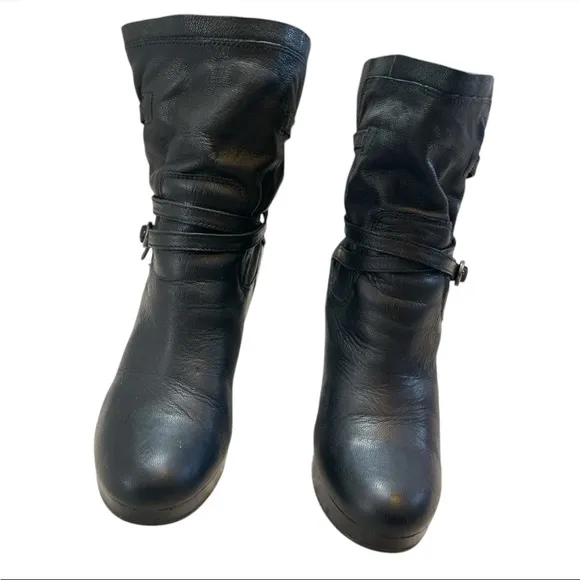 UGG Olivia Black Leather High Heel Platform Boots UGGPURE Wool Women 6.5 1005645