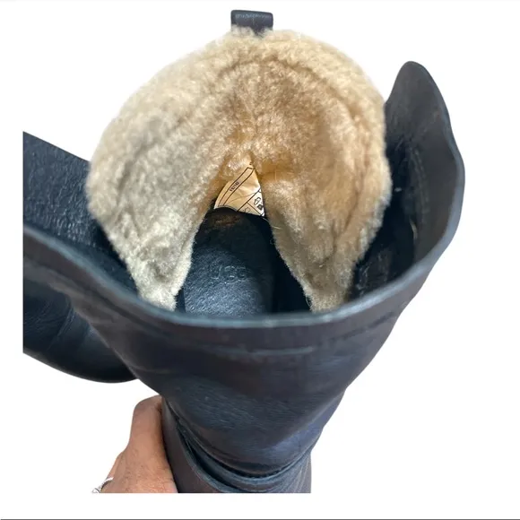 UGG Olivia Black Leather High Heel Platform Boots UGGPURE Wool Women 6.5 1005645