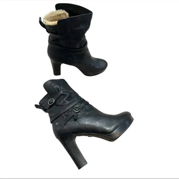 UGG Olivia Black Leather High Heel Platform Boots UGGPURE Wool Women 6.5 1005645