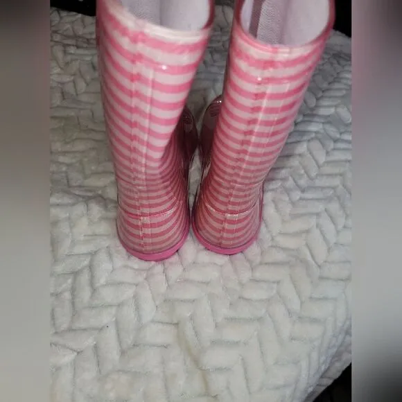 UGG Pink Striped Wellie Rain Boots, Kids Size 2, Fur Insole.