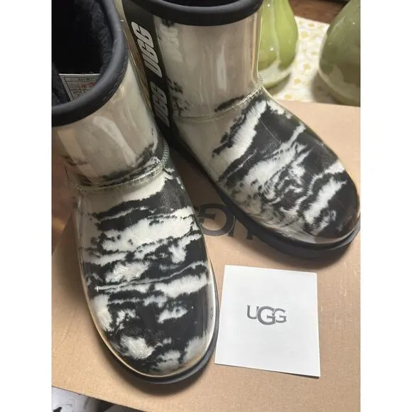 UGG PLUSH Ankle Faux Fur Mini Marble Clear Coated Booties Waterproof 7