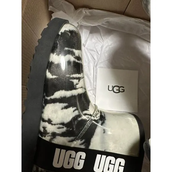 UGG PLUSH Ankle Faux Fur Mini Marble Clear Coated Booties Waterproof 7