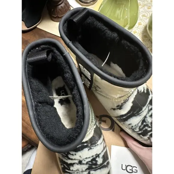 UGG PLUSH Ankle Faux Fur Mini Marble Clear Coated Booties Waterproof 7