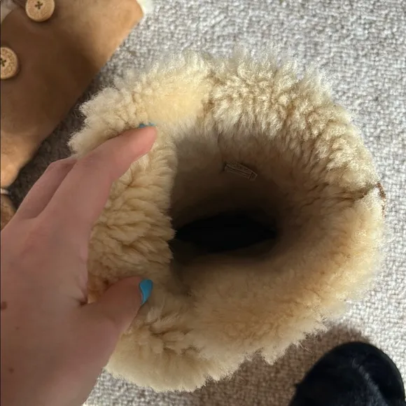 UGG Tan Side Button Up Fluffy Suede Winter Boots with Plush Lining - size 8