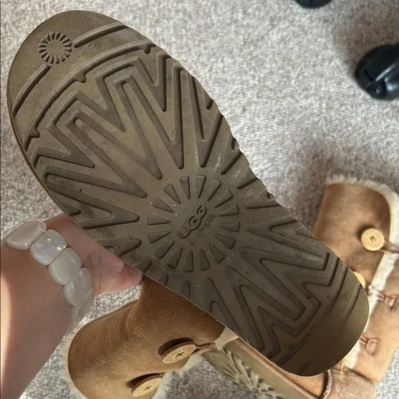 UGG Tan Side Button Up Fluffy Suede Winter Boots with Plush Lining - size 8