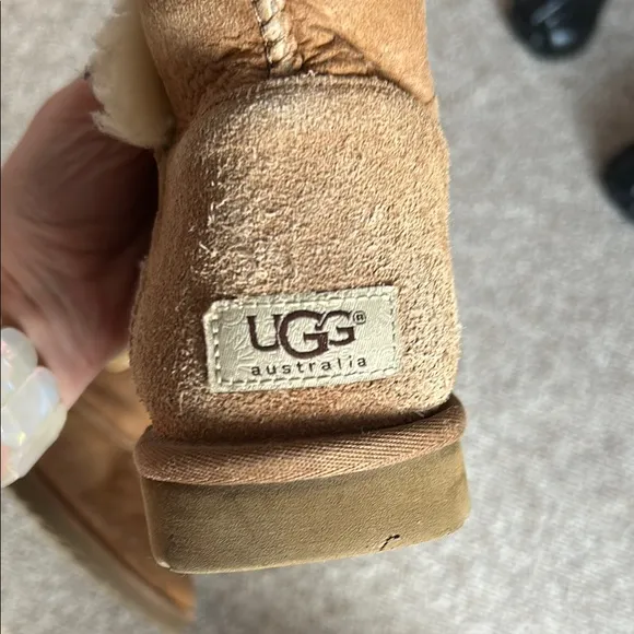 UGG Tan Side Button Up Fluffy Suede Winter Boots with Plush Lining - size 8