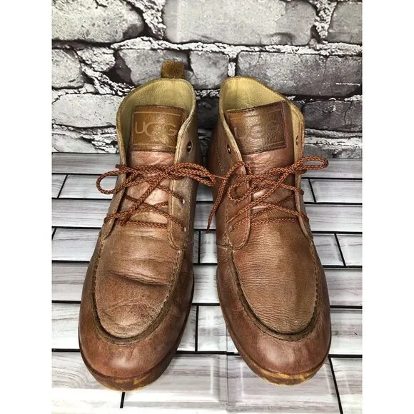 UGG Vibram Salmon Pink Leather Lace Up Casual Distressed Boots Men Sz 9M US/42EU