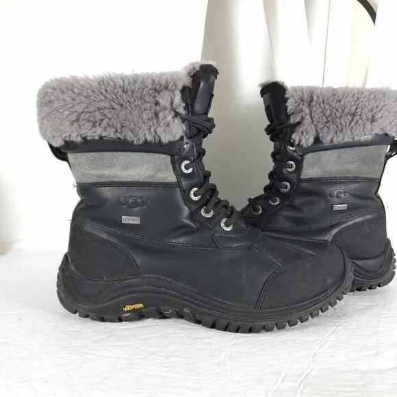 UGG Women's Adirondack Il US7 Black Leather Sheepskin Lace Up Winter Boots