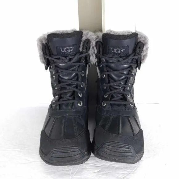 UGG Women's Adirondack Il US7 Black Leather Sheepskin Lace Up Winter Boots