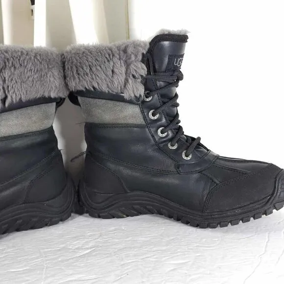 UGG Women's Adirondack Il US7 Black Leather Sheepskin Lace Up Winter Boots