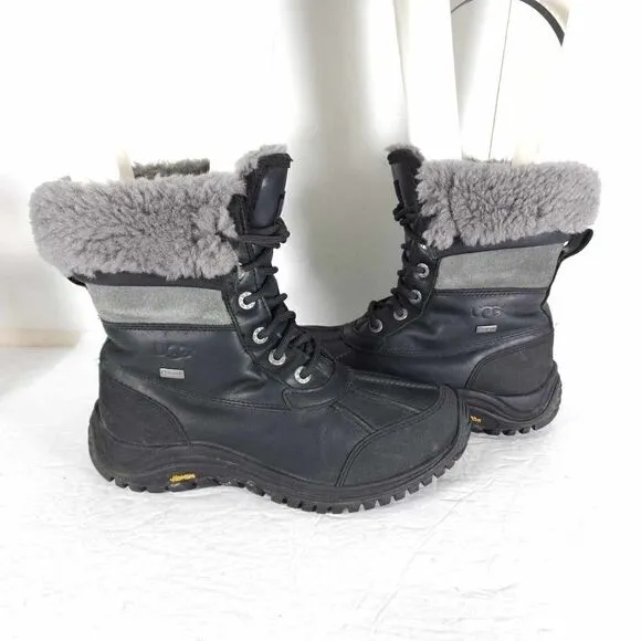 UGG Women's Adirondack Il US7 Black Leather Sheepskin Lace Up Winter Boots