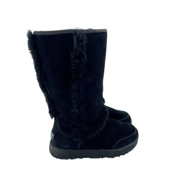 Ugg Womens Boots Sundance Black SUEDE Leather Fur SHEEPSKIN SZ 6 NEW $248