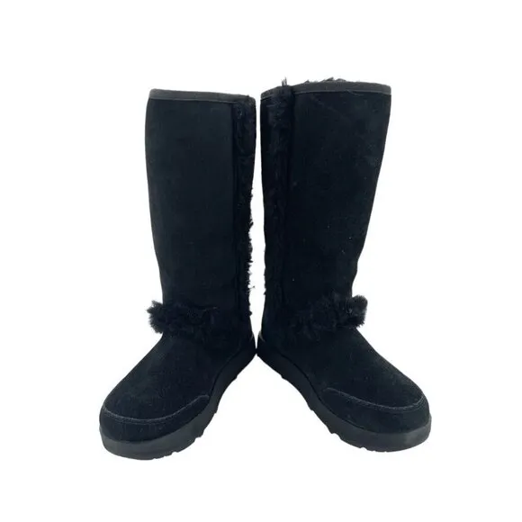 Ugg Womens Boots Sundance Black SUEDE Leather Fur SHEEPSKIN SZ 6 NEW $248
