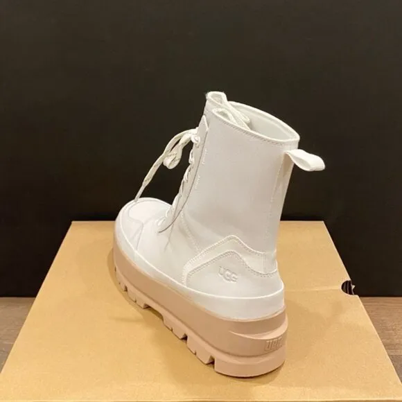 UGG Women's Lug White Lace Up Winter Snow Rain Boots Bootie Shoes Flats NEW