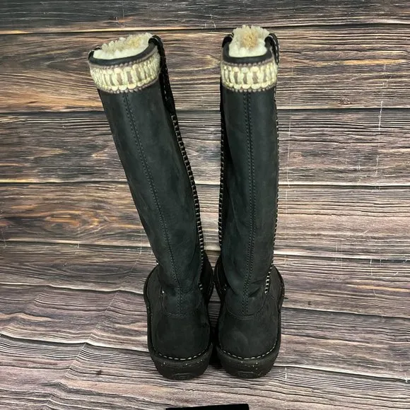 Ugg Women's Swell Tall Black Sheepskin Lined Leather Winter Boots