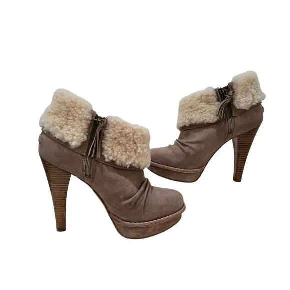 UGG GEORGETTE Ankle Platform Nubuck Fur Upper Logo Beige Boots High Heels Size 7