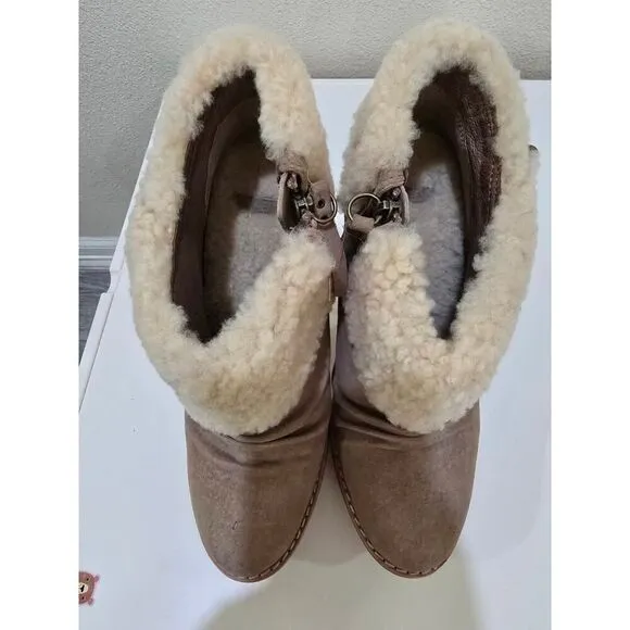 UGG GEORGETTE Ankle Platform Nubuck Fur Upper Logo Beige Boots High Heels Size 7