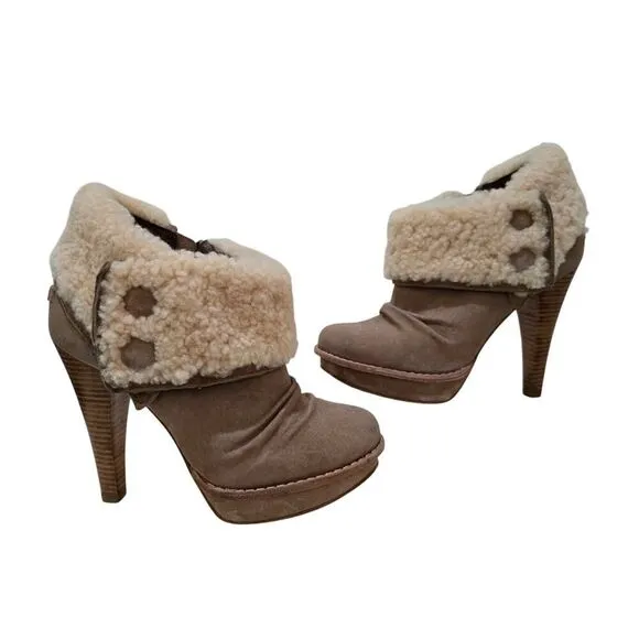 UGG GEORGETTE Ankle Platform Nubuck Fur Upper Logo Beige Boots High Heels Size 7