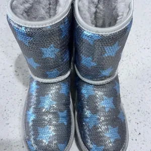 Uggs Kids/Girls Glitter Star Boots - Silver and Blue Size 4 Boots Fur