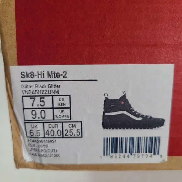 Vans Sk8-Hi MTE-2 Glitter Black Glitter Winter Shoes Women's Size 9